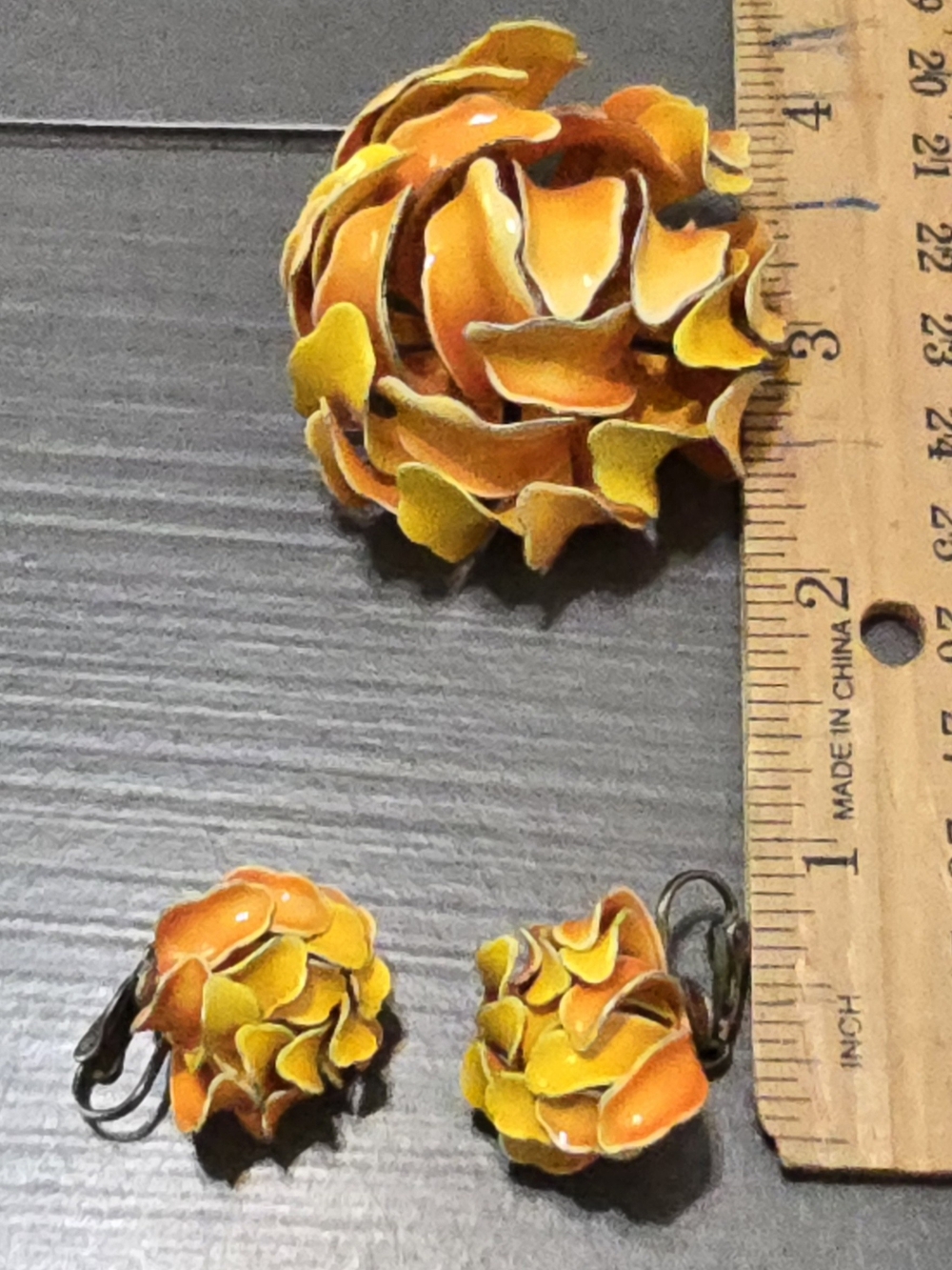 1960s Handcrafted Orange Yellow Enamel Flower Brooch and Clip-On Earrings Set